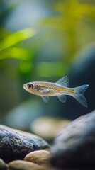 Close-up of a small fish swimming in a freshwater aquarium, showcasing its vibrant colors and intricate details