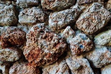 Close-Up View of a Rustic Stone Wall Surface with Textured Rocks..