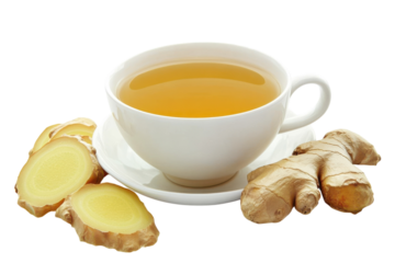 A soothing cup of ginger tea with fresh ginger root on a bright, clean background isolated on transparent background