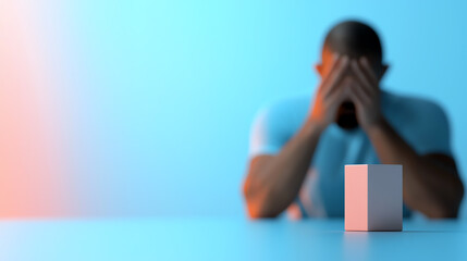 Struggling with challenges a depressed man contemplates life choices while staring at a small block on a table