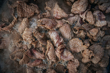Steaming beef slices simmer in a bubbling broth, releasing rich flavors as they cook. The tender...
