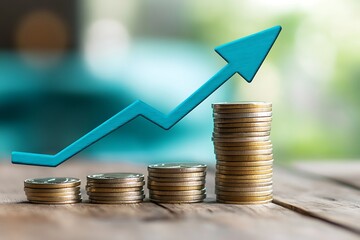 An upward arrow on a background of stacks of coins, representing an intersection between business growth or rising stock prices, with a blue color and financial chart graphs. 