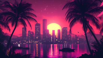 Vaporwave cityscape with neon lights and palm trees under pink sunset copy space. Dreamlike Electric Trees. Illustration
