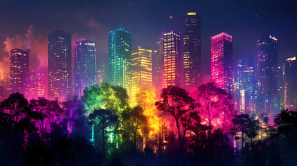 Obraz premium Vibrant illuminated trees against skyscrapers at twilight. Dreamlike Electric Trees. Illustration