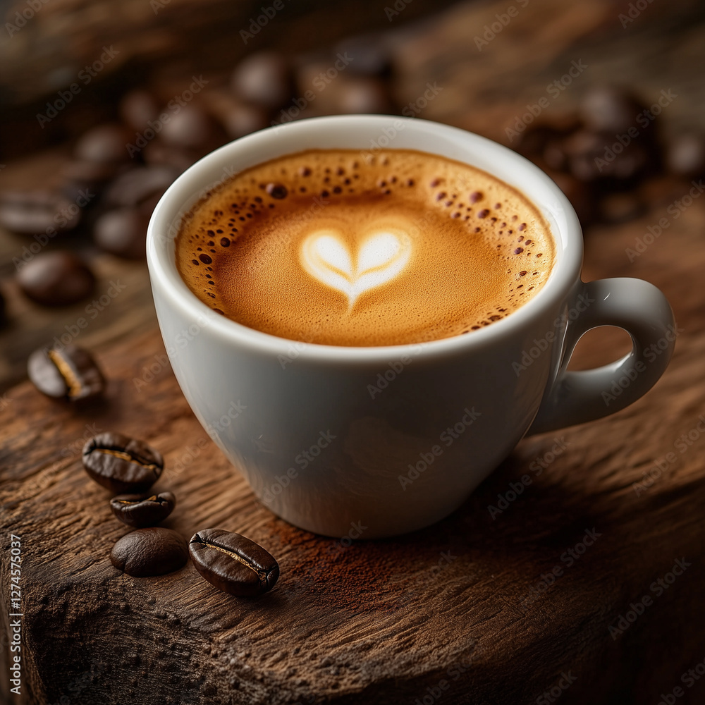 Wall mural Espresso with Heart Latte Art on Rustic Wooden Surface