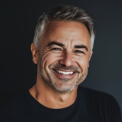 Obraz premium Smiling middle-aged man with gray hair posing against dark background during indoor portrait session