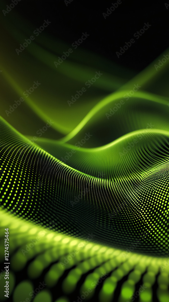 Fototapete Flowing smoothly, an abstract green particle wave creates a mesmerizing pattern against a deep black background, evoking modern technology