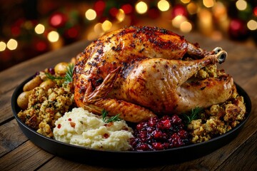 Festive Thanksgiving dinner featuring a perfectly roasted turkey, complemented by stuffing, mashed...