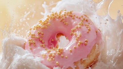 Freshly glazed pink donut splashes into a bowl of milk capturing the moment of deliciousness and fun