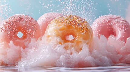 Fototapeta premium Colorful donuts splashing in bubble foam create a playful and enticing dessert display in a vibrant setting