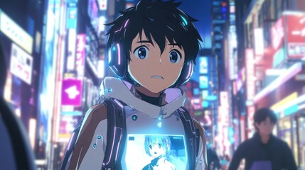 Naklejka premium A Boy in the Neon City