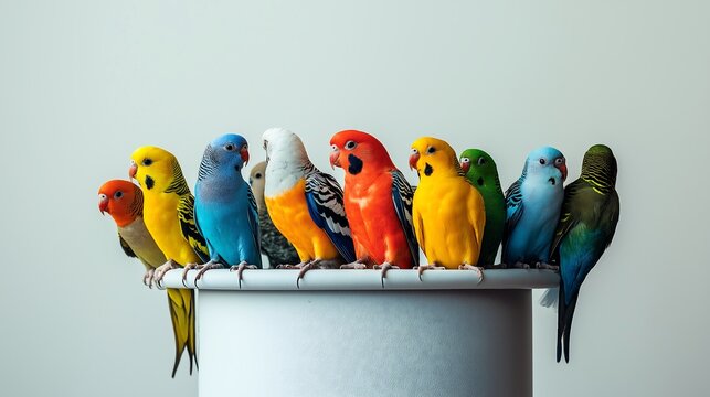 Colorful parakeets perched on a white cylinder in a bright indoor setting during daylight hours