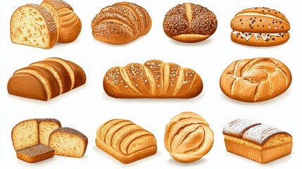 A variety of freshly baked bread loaves displayed on a clean background, showcasing textures and shapes