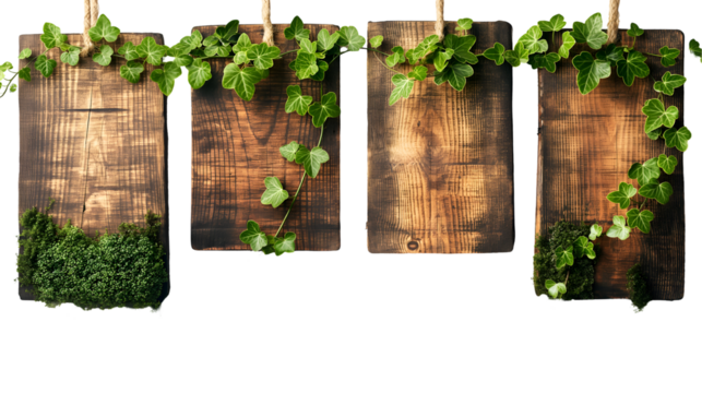 Wooden Signs with Ivy Rustic Green Decor, Botanical Wall Hanging for Home Themes, isolated on transparent background.