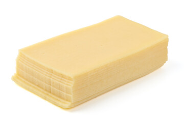 Traditional Dutch Gouda cheese slices, isolated on white background.