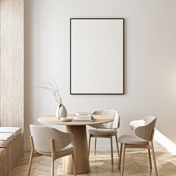 Frame mockup, ISO A paper size. Living room wall poster mockup. Interior mockup with house background. Modern interior design. 3D render
