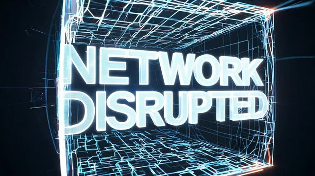 Network Disrupted text with glowing digital grid background. Cybersecurity and internet connection failure concept..