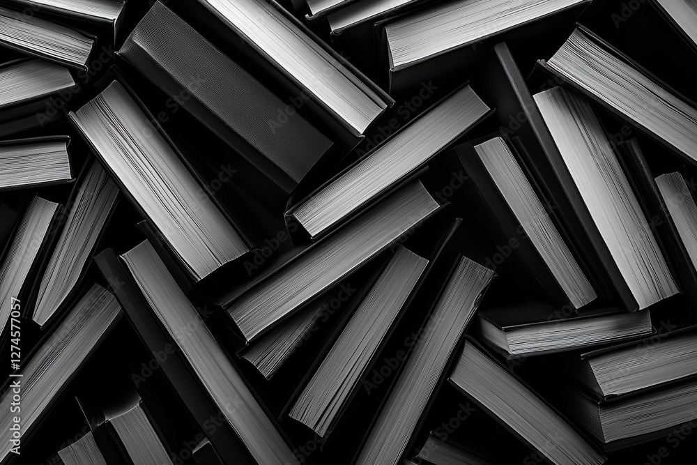 Poster a monochromatic close-up of stacked books, creating a textured background with strong contrast and s