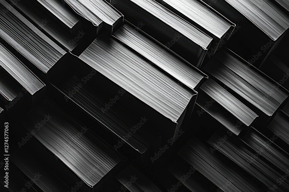 Poster a stark, monochromatic composition of books, arranged in a precise, organized stack, highlighting th