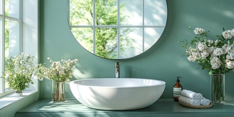 Elegant white round vessel sink is featured in a bright bathroom with large windows, surrounded by flowers and fresh towels for a spa-like feel
