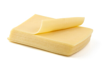 Traditional Dutch Gouda cheese slices, isolated on white background.