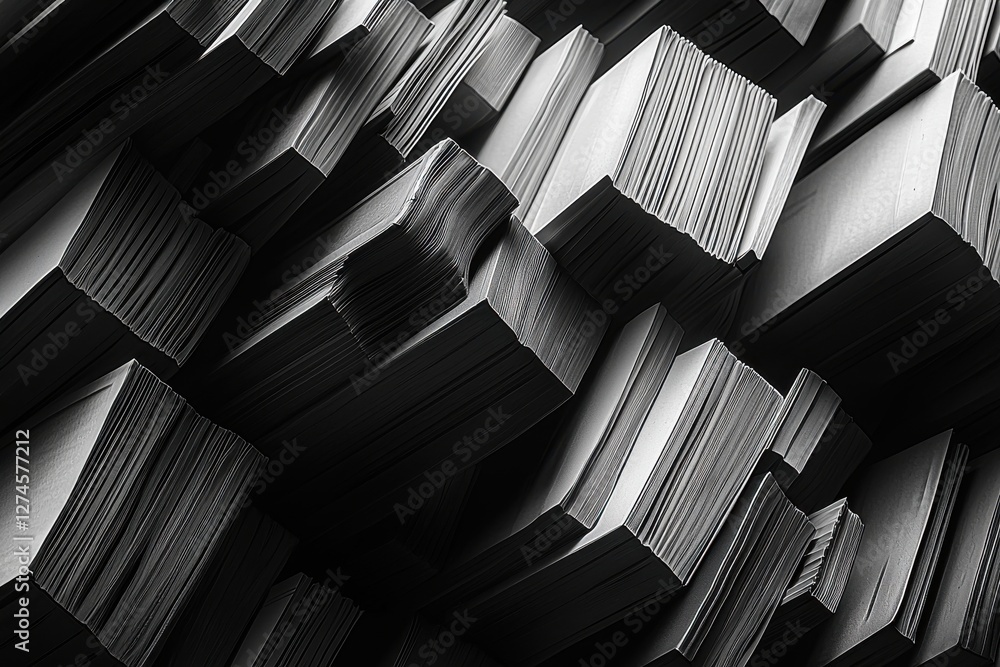 Poster abstract monochrome arrangement of stacked paper blocks, creating a striking geometric pattern with 