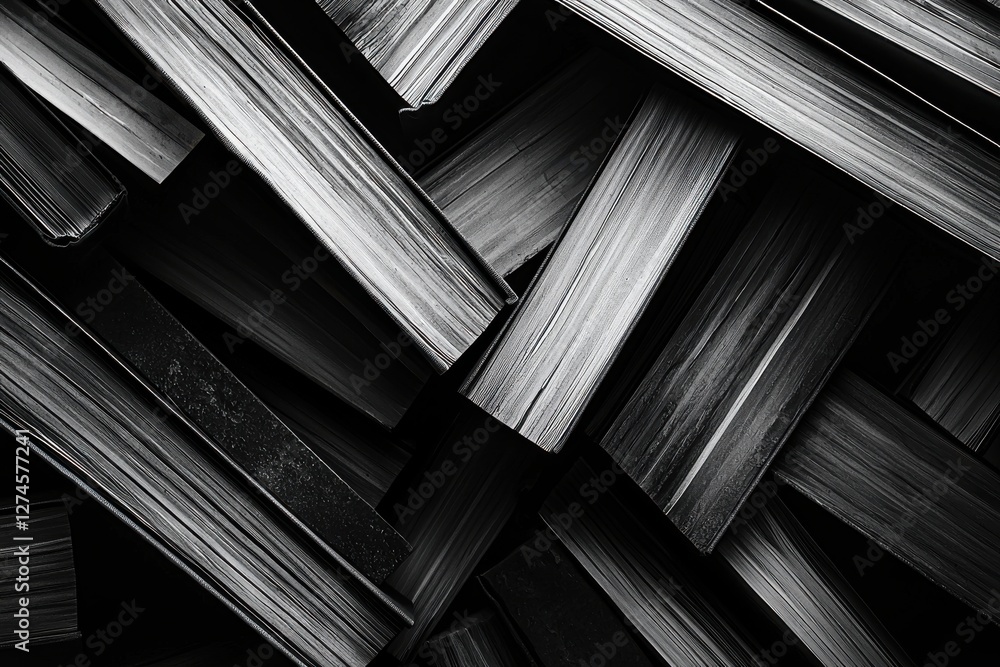Poster an abstract monochrome close-up of stacked books, creating a textured and geometric pattern with var