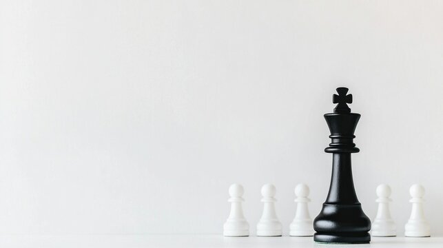 A black king chess piece is distinctively positioned in front of several white pawns, emphasizing strategic dominance in gameplay