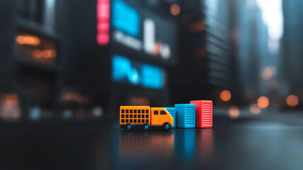 Colorful toy truck and containers on urban background, capturing playful logistics and city life atmosphere