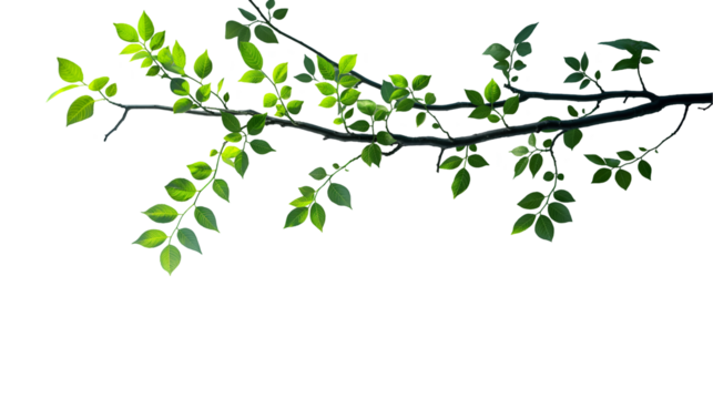 Spring Branch Green Leaves with Shadows, Minimalist Design for Nature Themes, isolated on transparent background.