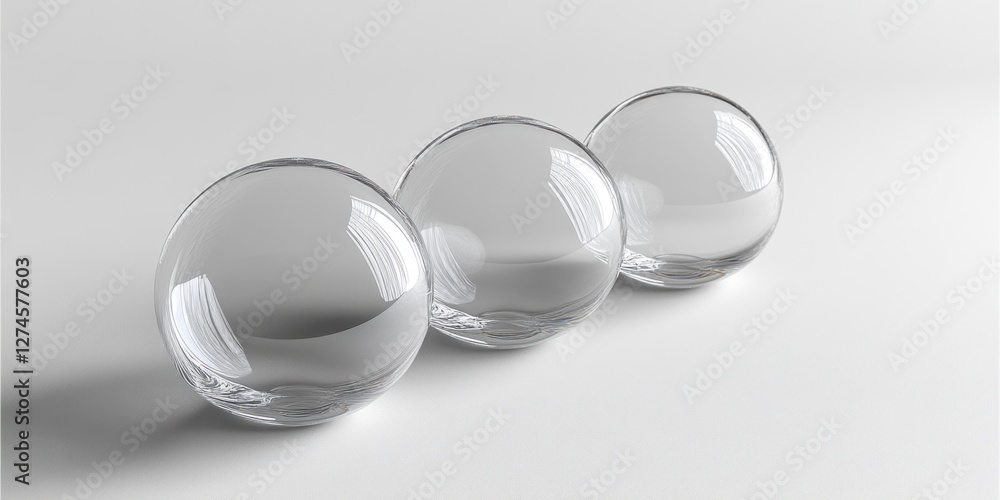 Poster three transparent glass spheres are arranged in a row on a light surface, enhancing the minimalist d