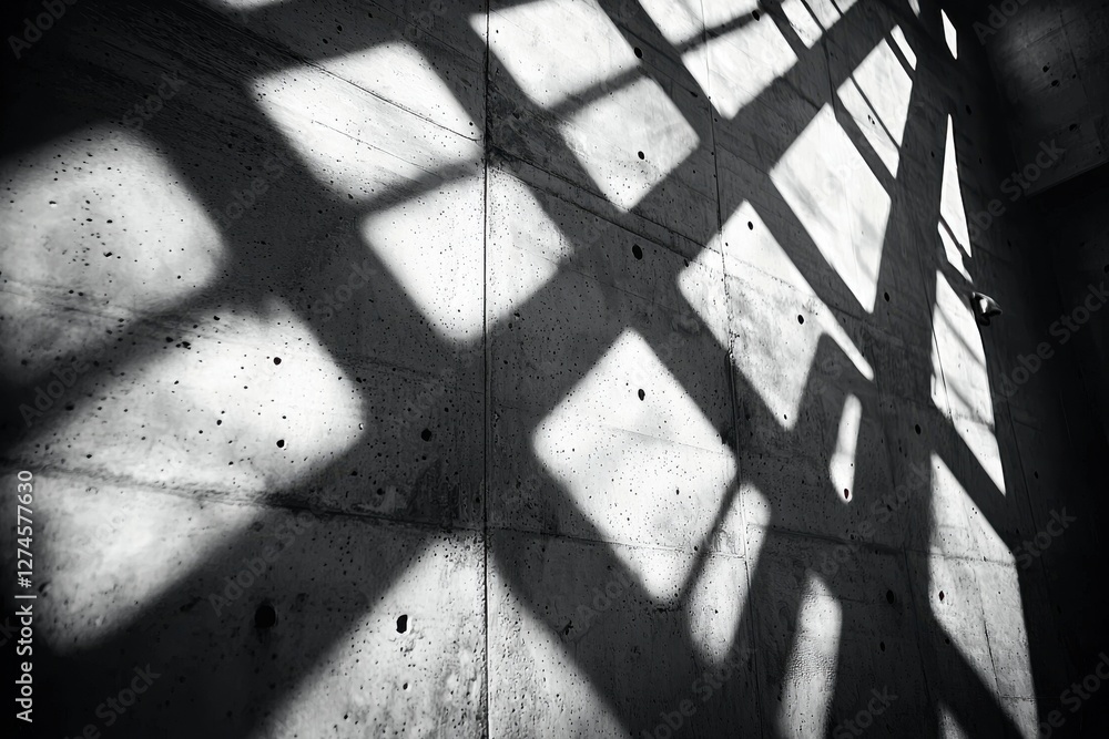 Poster dramatic interplay of light and shadow creating geometric patterns on a textured concrete wall, enha