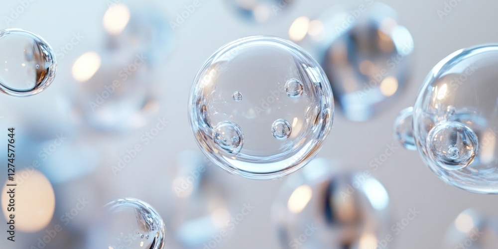 Poster transparent spheres float gracefully in a soft background with diffused light, creating a calm and r