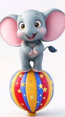Cute Cartoon Elephant Balancing on Colorful Circus Ball with Stars
