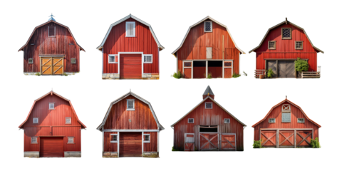 Collection of Classic Red Barns in Various Styles, PNG collection, set bundle, isolate on transparent or white background