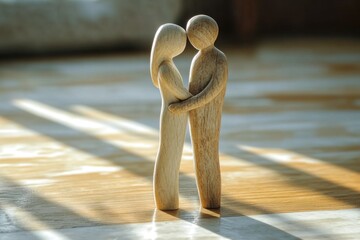 Two wooden figurines represent a couple in a loving embrace, surrounded by gentle patterns of sunlight streaming across the floor