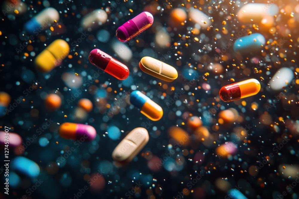 Poster colorful pills float against a dark background, illuminated by sparkling particles, creating an ener
