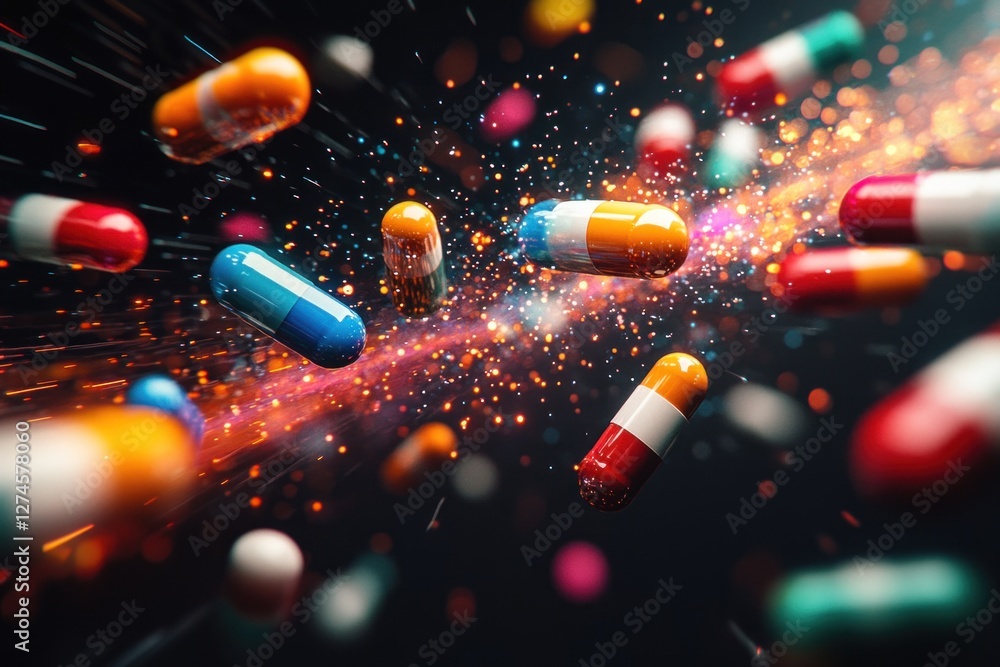 Aufkleber a burst of colorful pills floats across a dark background, creating an energetic and dynamic composi