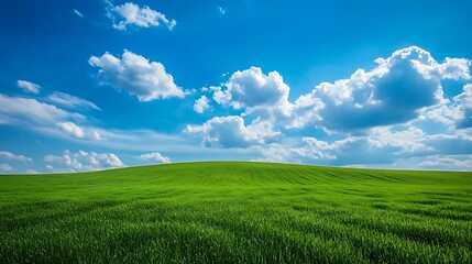 Fototapeta premium Rolling Green Field Under a Blue Sky with Clouds