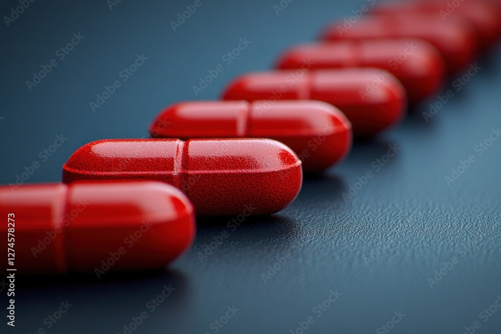 Poster a series of identical red pills arranged neatly on a dark background, emphasizing their shiny surfac