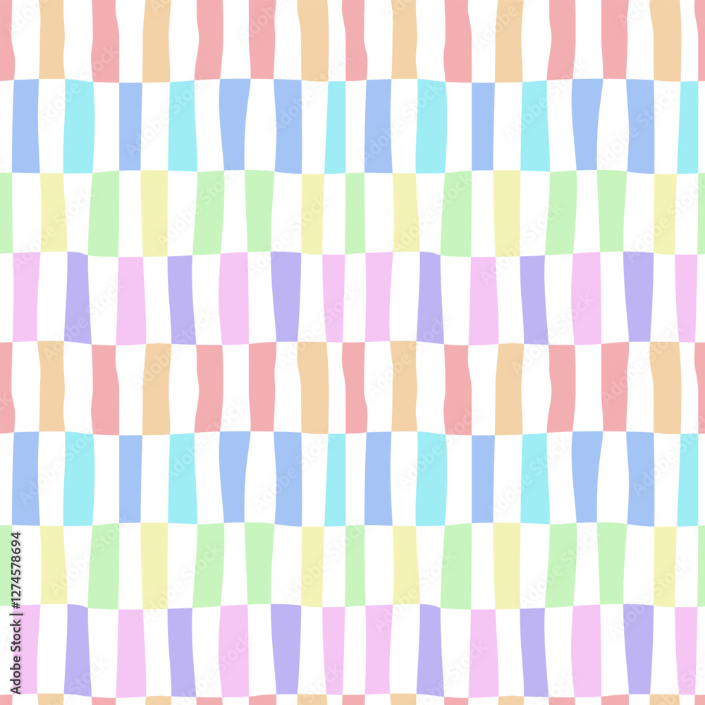 Poster seamless vector pattern with distorted checkerboard design with soft wavy lines in pastel colors. pe