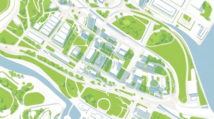 Aerial view of city landscape with parks, buildings, and roads.