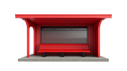 Red Bus Stop Shelter Modern 3D Design, Urban Bench for Public Spaces, isolated on transparent background.
