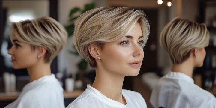 A woman with a stylish short blonde pixie cut featuring a side part poses gracefully in a chic salon, exemplifying contemporary hair trends