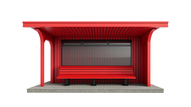 Red Bus Stop Shelter Modern 3D Design, Urban Bench for Public Spaces, isolated on transparent background.