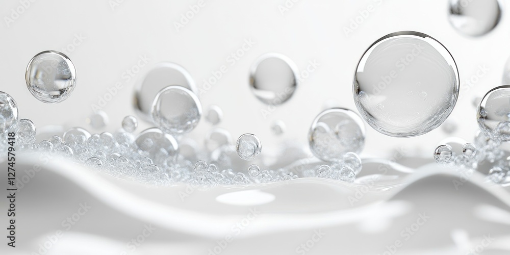 Poster bubbles ascend gently in a serene environment, each reflecting light, contributing to a tranquil and