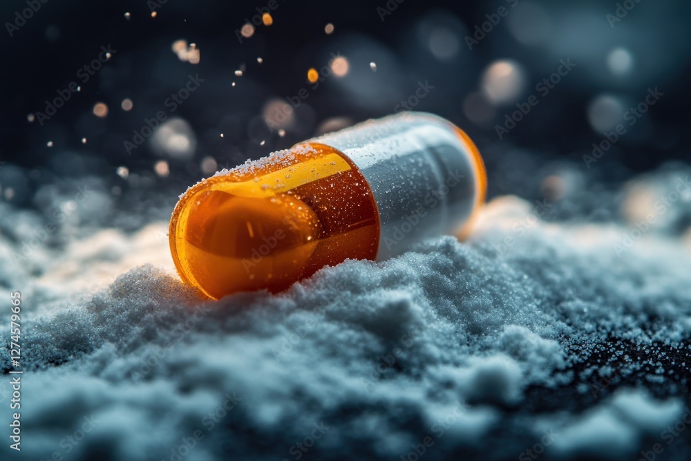 Poster a capsule in orange and white lies on a surface, surrounded by a fine layer of powder, creating a ca