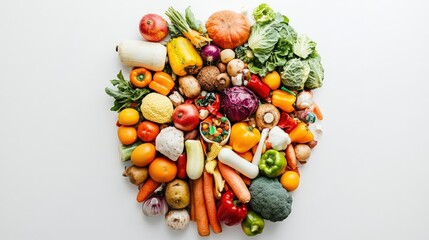 A vibrant arrangement of fresh vegetables and fruits on a white background, showcasing healthy eating