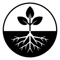 Plant with roots in a circle vector logo, black sprout logo with roots icon