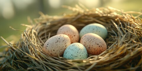 Obraz premium Five beautifully speckled eggs are gently resting in a cozy nest made of straw, set against a tranquil, green background in daylight